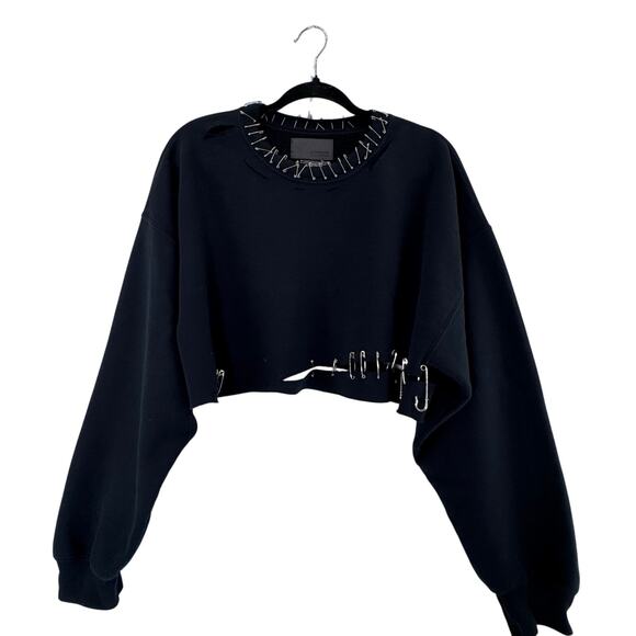 Carmar Los Angeles Distressed Safety Pin Cropped Sweatshirt Black Sz M Edgy Y2K - Picture 2 of 6